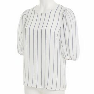 J. Crew Puff Sleeve Semi Sheer Gauze Striped Top Back Button White Blue Large
